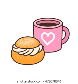 Cup of coffee or tea and semla (swedish whipped cream bun). Isolated hand drawn vector illustration of cute breakfast food.