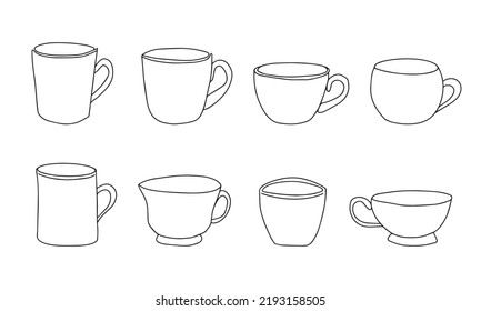 Cup Of Coffee Or Tea Set, One Single Continuous Line Drawing. Simple Beautiful Mug With Steam Beverage. Vector Illustration