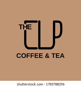 The Cup Coffee and Tea, simple company logo design for coffee and tea shop with black lines and brown background