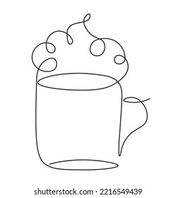 Cup of coffee or tea in single line. Cappuccino in one continuous line. Hot drink. Whipped cream. Simple minimalistic drawing. Isolated illustration on white background.