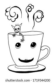 Cup of Coffee or Tea with smiling monster. Pencil drawing on white background. Vector.  For your design, menu or cafe theme.