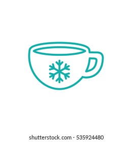 cup of coffee tea with snowflake line icon blue on white