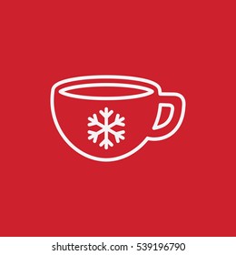 cup of coffee tea with snowflake line icon white on red
