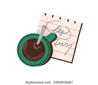 Cup of coffee with tea spoon and square paper reminder with writings top view. Work notes, office memo pad with mug of hot drink, beverage. Flat isolated vector illustration on white background