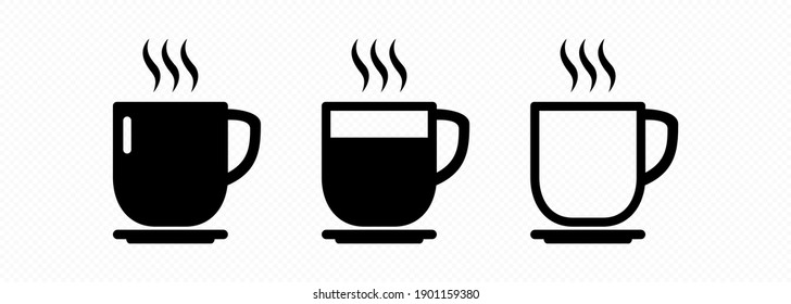 Cup of coffee and tea with steam icon set in black. Vector on isolated transparent background. EPS 10