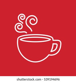 cup of coffee tea with steam line icon white on red