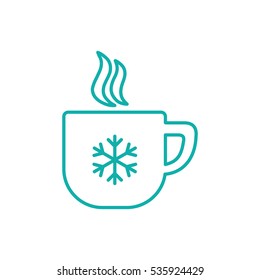 cup of coffee, tea with steam, snowflake, line icon blue on white