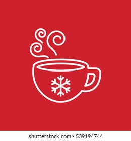 cup of coffee, tea with steam, snowflake, line icon white on red
