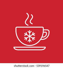 cup of coffee, tea with steam, snowflake, line icon white on red