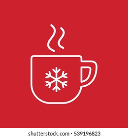 cup of coffee, tea with steam, snowflake, line icon white on red