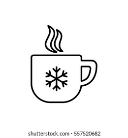 cup of coffee, tea with steam, snowflake, line icon black on white