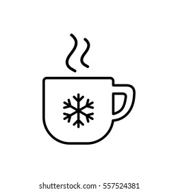 cup of coffee, tea with steam, snowflake, line icon black on white