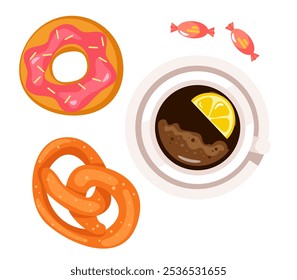 Taza de té de café con pan de croissant de comida dulce panadería vista superior. Buenos días concepto de desayuno. Ilustración de elemento de Diseño gráfico de dibujos animados de Vector