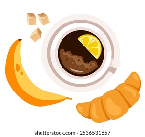 Taza de té de café con pan de croissant de comida dulce panadería vista superior. Buenos días concepto de desayuno. Ilustración de elemento de Diseño gráfico de dibujos animados de Vector