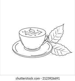 Cup of coffee, tea with two leaves. Doodle style. Black lines on a white background. Vector.