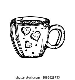A cup of coffee or tea. Vector black and white illustration. Hand-drawn illustration on white background. Doodle.Design of cafes and bars, menu design.