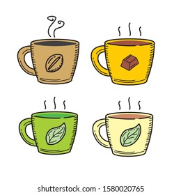 Cup of coffee and tea vector illustration with colored hand drawn style isolated on white background