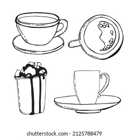 Cup coffee, tea. Vector sketch. Continuous line drawing. Hot drink. Coffee Cappuccino illustration. Isolated on background.