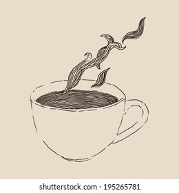 cup of coffee or tea vintage illustration, engraved retro style, hand drawn, sketch, menu design