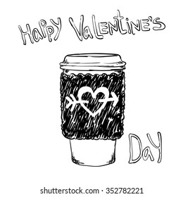 cup of coffee or tea in warm knitted sweater on with heart. Card. Vector illustration.Valentine's day concept