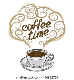 Cup of coffee with text and ornaments. Vector Illustration