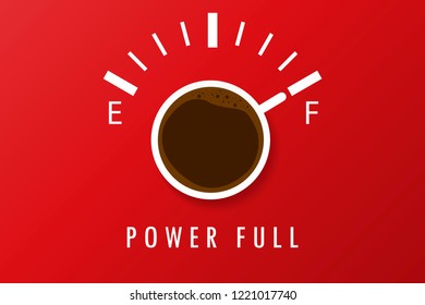 A cup of coffee that shows the full. Red background and text below.