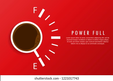 A cup of coffee that shows the full. Red background and text on the right.