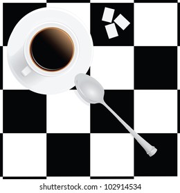 A cup of coffee, three lumps of sugar, a spoon. Vector illustration.
