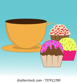 cup with coffee and three muffins of different flavors. Degraded background. Vector illustration.