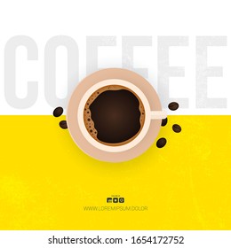 Cup of coffee. Coffee time banner on white and yellow background