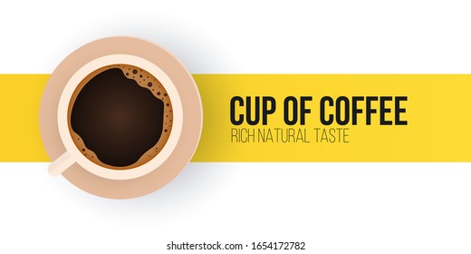 Cup of coffee. Coffee time banner on white and yellow background