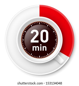 Cup of coffee with time limit for break: twenty minutes. Illustration on white background.