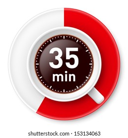 Cup of coffee with time limit for break: thirty-five minutes. Illustration on white background.