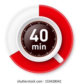 Cup of coffee with time limit for break: forty minutes. Illustration on white background.