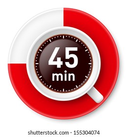Cup of coffee with time limit for break: forty-five minutes. Illustration on white background.