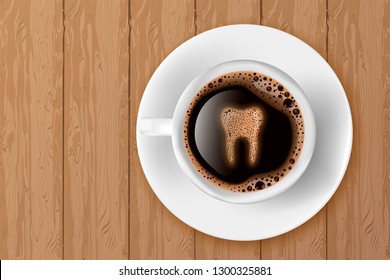 Cup of coffee with tooth from foam realistic vector illustration. Coffee spoils teeth and makes them yellow