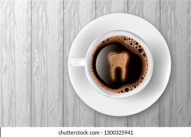 Cup of coffee with tooth from foam realistic vector illustration. Coffee spoils teeth and makes them yellow