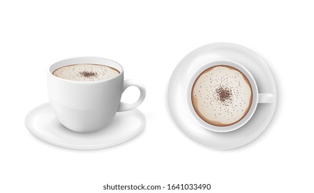 Cup of coffee top and side view set of 3d realistic vector illustrations isolated on white background. Restaurant or cafe cappuccino mug with appetising milk froth.