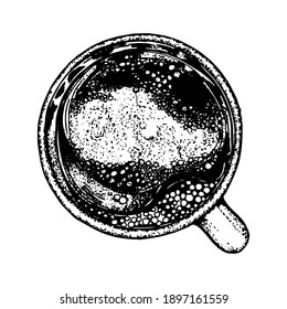 A cup of coffee. Сoffee top view,  with bubble. Vector black and white illustration. Hand drawn illustration. Doodle. Sketch. Isolated on a white background.