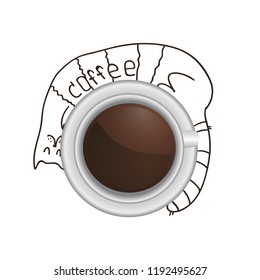 Cup of coffee top view. Cat hugging a Cup.