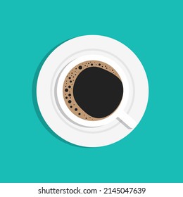 Cup coffee top view. Cup coffe. Flat illustration isolated on green background. Above mug with coffee. Icon of espresso, cappuccino and americano. Poster for cafe, restaurant. Vector.