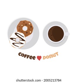Cup of coffee top view with donuts. Cappuccino cup with dessert. Latte art.  Vector illustration isolated on white background