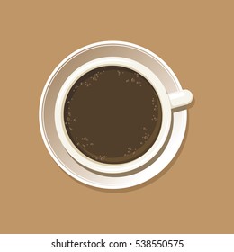 Cup of coffee top view. Espresso mug on white saucer. Isolated on brown background. Vector eps8 illustration.