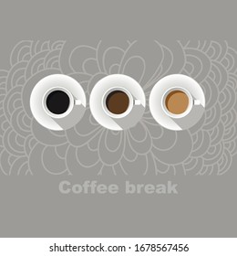 Vista de la copa de café. Estilo plano. Conjunto de tazas sobre fondo floral gris.