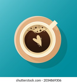 Cup of coffee top view with heart. Froth on cappuccino. Latte art. Flat style.