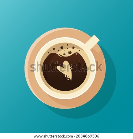 Cup of coffee top view with heart. Froth on cappuccino. Latte art. Flat style.