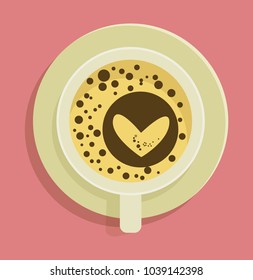 A cup of coffee is a top view of the icon. Foam in the form of a heart.