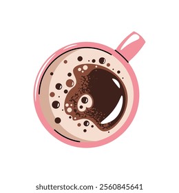 Cup of coffee, top view. Latte, cappuccino, americano. Hot coffee drink with a picture in a mug. Flat cartoon illustration isolated on white background