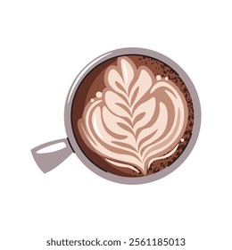 Cup of coffee, top view. Latte, cappuccino, americano. Hot coffee drink with a picture in a mug. Flat cartoon illustration isolated on white background