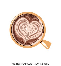 Cup of coffee, top view. Latte, cappuccino, americano. Hot coffee drink with heart in mug. Flat cartoon illustration isolated on white background